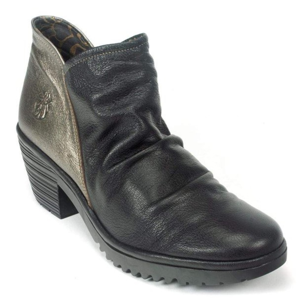 Fly London Wezo Two Tone Metallic/Black Leather Zip Ankle Boots 8